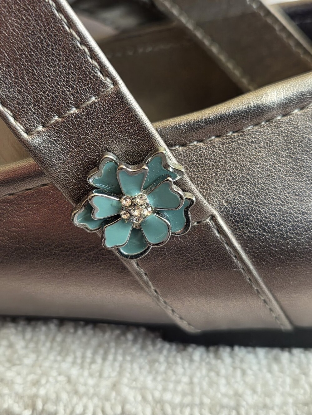 libby. edelman Metallic Pewter Mary Jane Flats with Turquoise Flower Charm